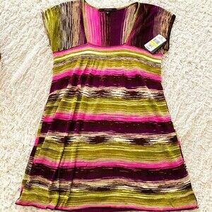 Fever purple yellow  top striped short sleeve square neckline knit top size M